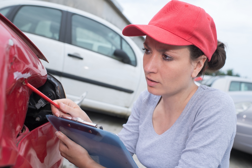 Woman looking at car and thinking about how to save money on car repair.