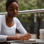 black woman with coffee and pen on terrace