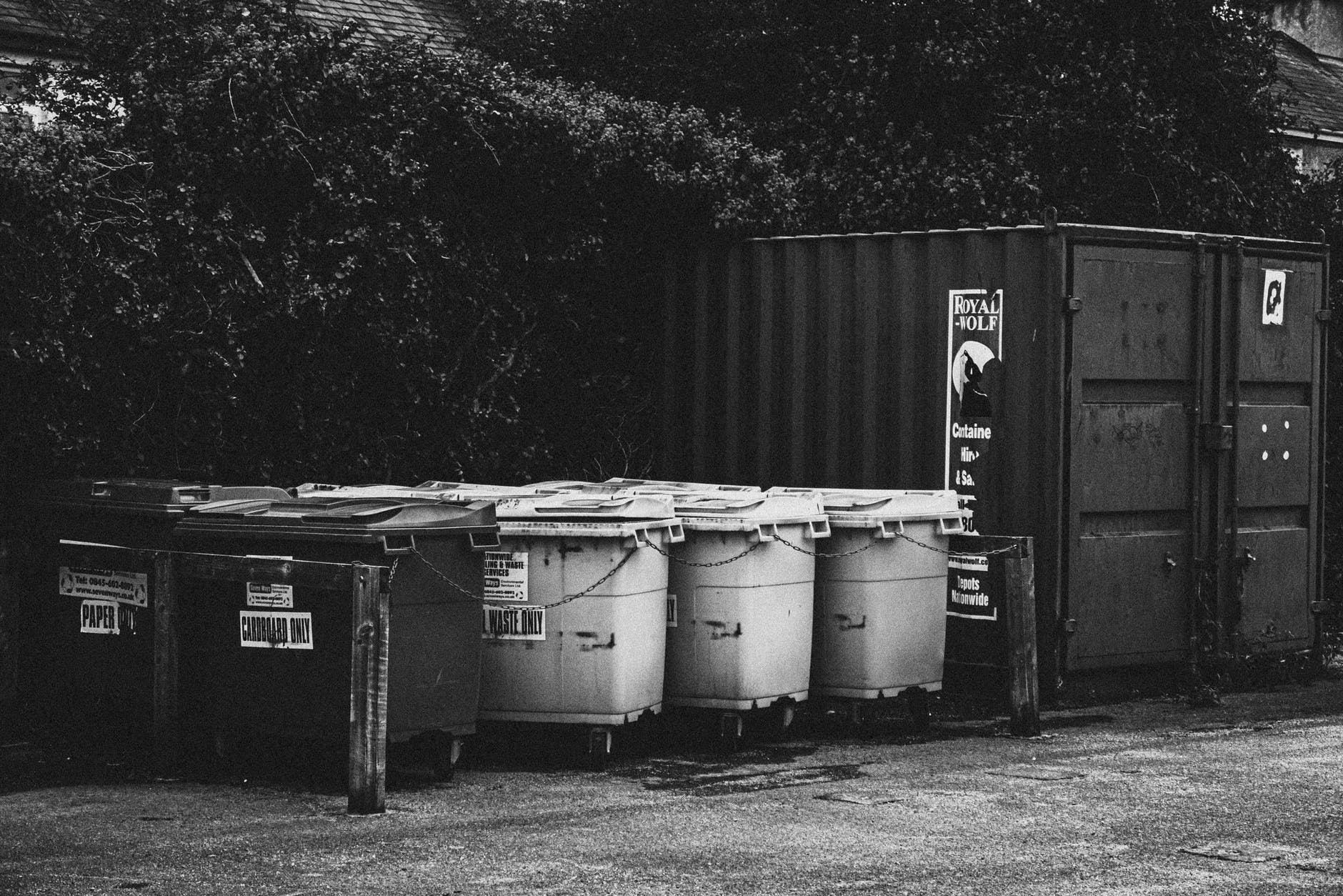 grayscale photography of trash bins
