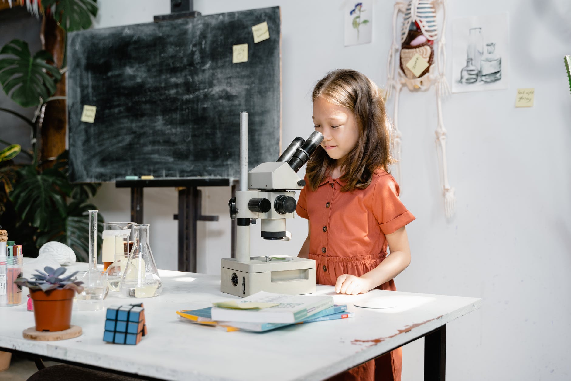 a smart girl looking at the microscope