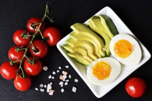 A Ketogenic meal, consisting of tomatoes, eggs and avocado