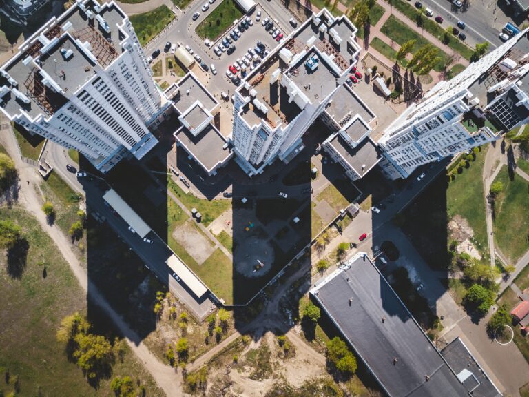 An aerial view of office buildings