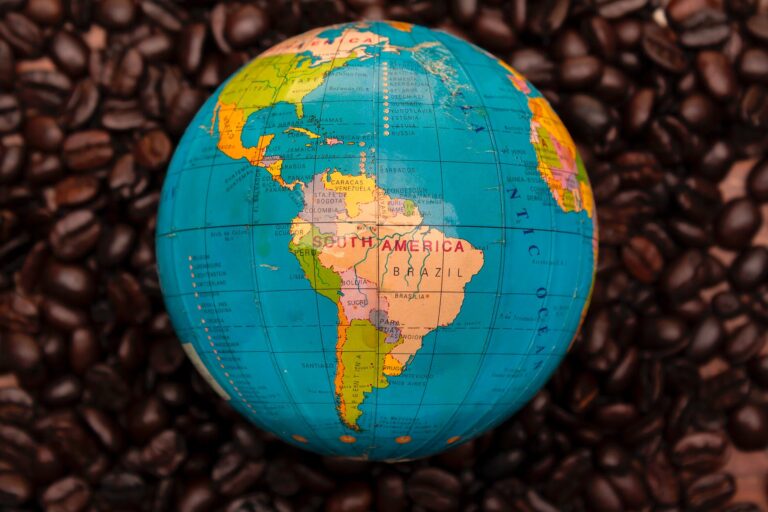 coffee beans around south america on globe