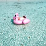 Person floating on a flamingo blow-up in the ocean.