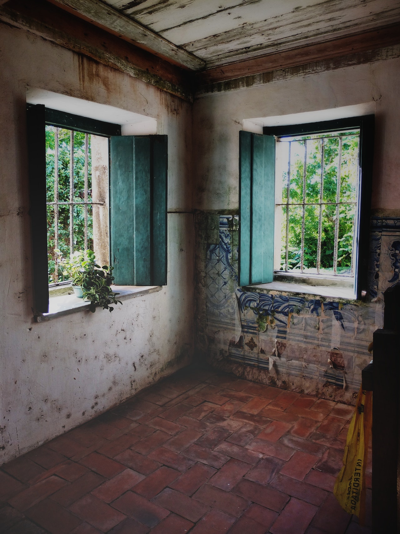 A bare room in a home viewing two windows with open shutters.