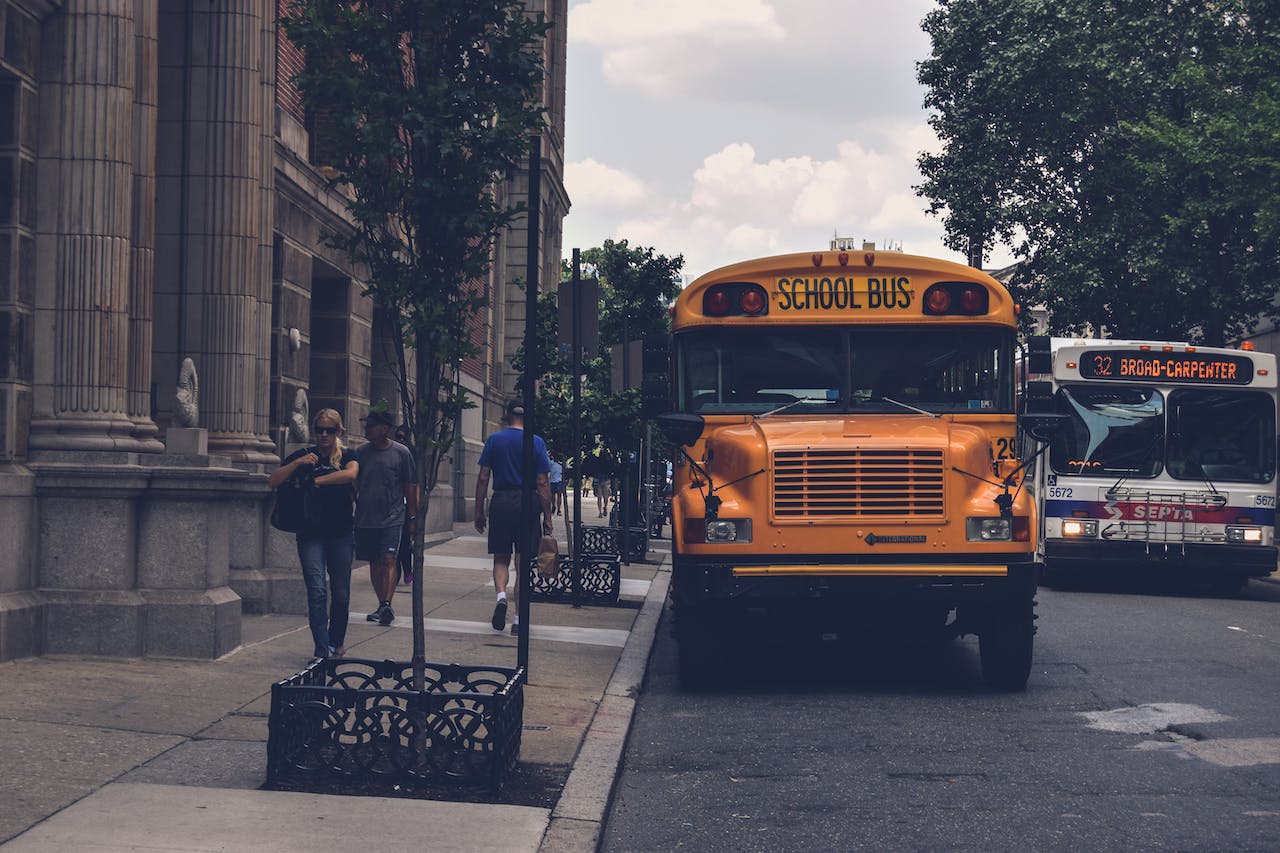 A school bus parked on a street.