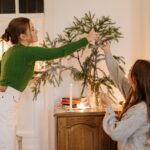 Two people fiddling with a plant on a dresser.
