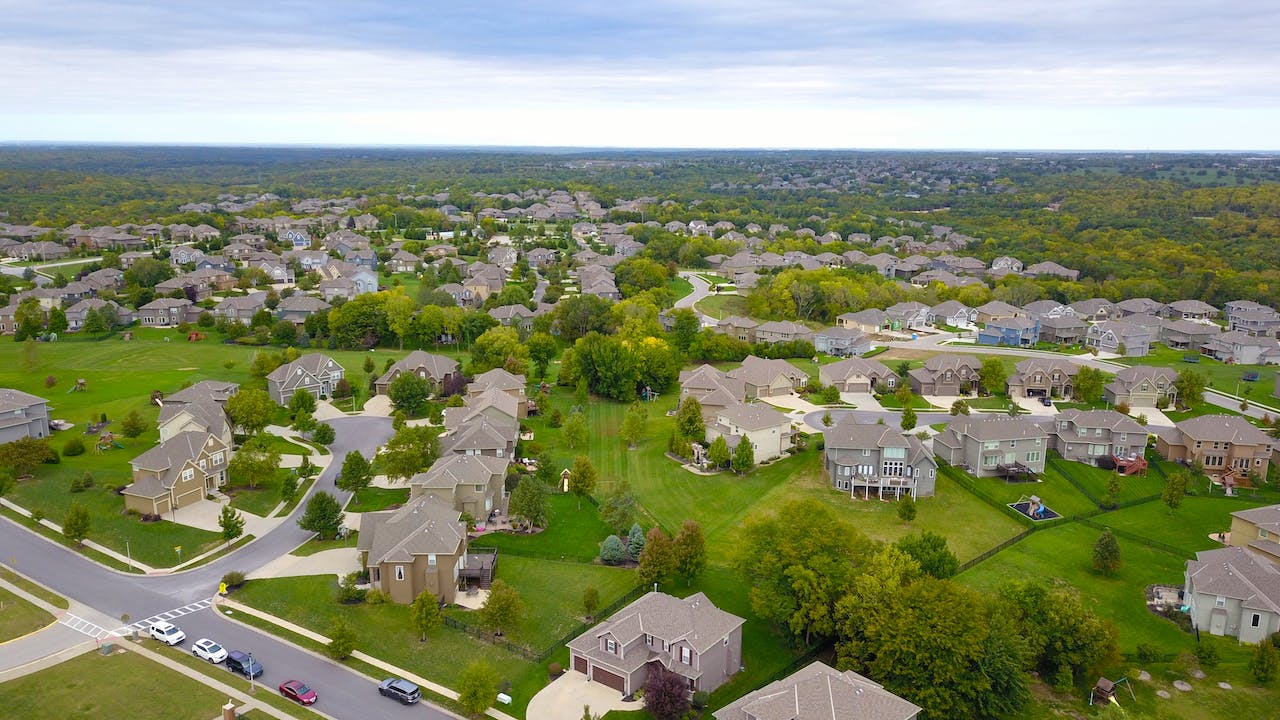 A picture of a neighborhood taken from the air