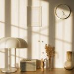 Neutral home decorative items lined up on a table.