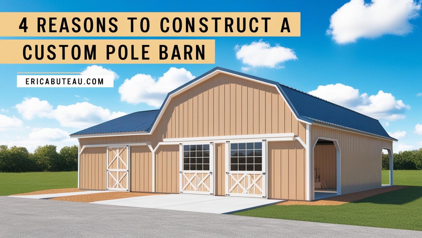 design a blog post cover image for a post titled 4 Reasons To Construct a Custom Pole Barn EricaButeau.com