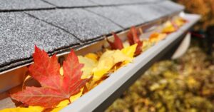 A silver gray rain gutter is filled orange and yellow autumn leaves, sitting next to a dark gray stone roof.