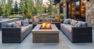 An outdoor patio with three wicker sofas surrounding a stone fire pit with lush greenery in the background.