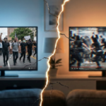 Split screen illustration showing two people watching the same event on TV but seeing completely different realities, representing political division.