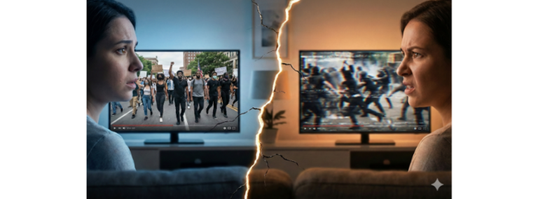 Split screen illustration showing two people watching the same event on TV but seeing completely different realities, representing political division.