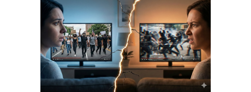 Split screen illustration showing two people watching the same event on TV but seeing completely different realities, representing political division.