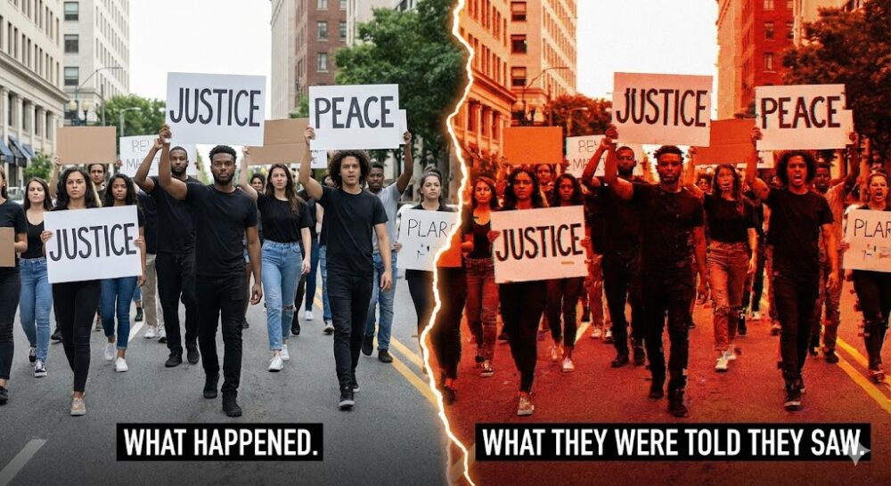 Split-screen graphic showing a peaceful protest on the left versus a red, distorted, glitchy version of the same scene on the right. Text reads 'What Happened' versus 'What They Were Told They Saw,' illustrating how political narratives alter reality.