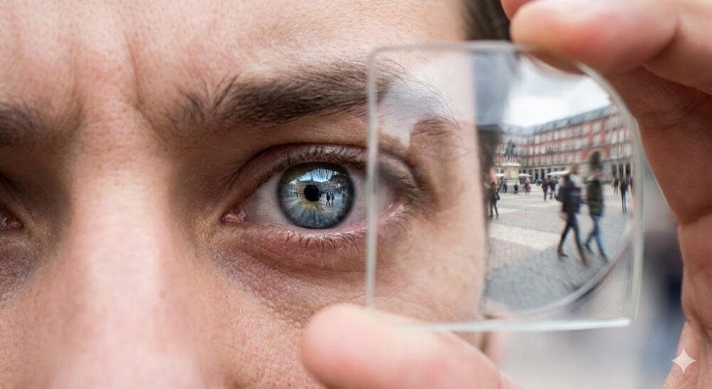 Close-up concept photo of a hand holding a square lens over a human eye, distorting the view of the world behind it. This symbolizes social gaslighting and how external forces filter our perception of truth.
