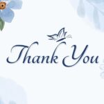 A thank-you card with navy text, blue daisies and hydrangeas in opposite corners, and blue watercolor accents.
