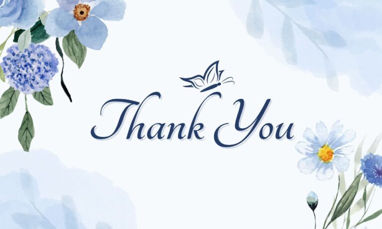 A thank-you card with navy text, blue daisies and hydrangeas in opposite corners, and blue watercolor accents.