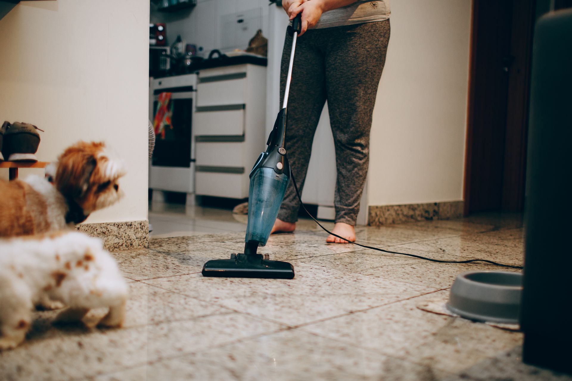 A woman is vacuuming her floor as a form of pest control.